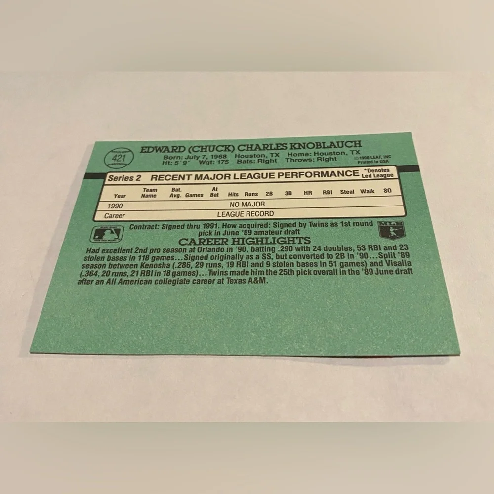 Chuck Knoblauch RC Rookie Error 1991 Donruss Baseball Card (no dot after inc)